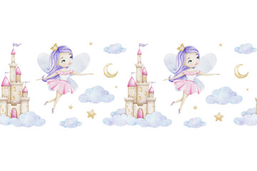 Cute Little fairies, crescent moon, clouds and stars. Cute Watercolor seamless border for children's goods, clothes, postcards, baby shower and nursery, fabric