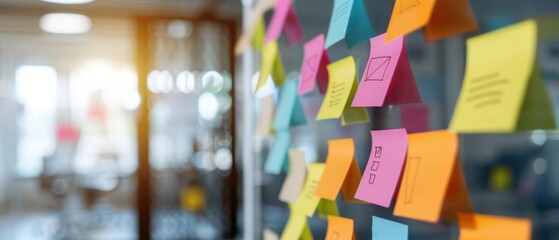 Brand strategy meeting, colorful postit notes, collaborative vibe