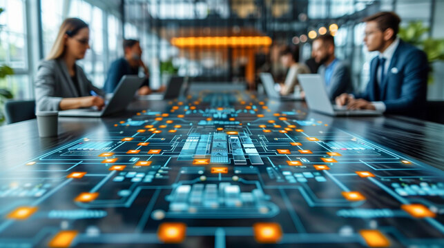 A close-up view of a meeting table with a digital network overlay, showcasing the interconnectedness of modern professionals - Powered by Adobe