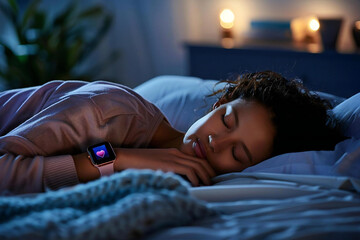 Person snoozing peacefully with a wearable sleep tracking heart rate monitor smartwatch capturing vital data