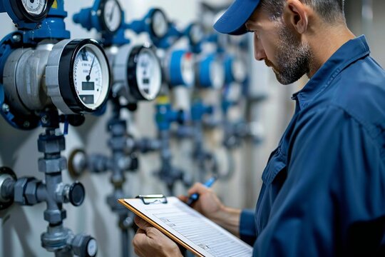 Saving Money and Ensuring Maintenance: Technician Checks Water Meter with Clipboard