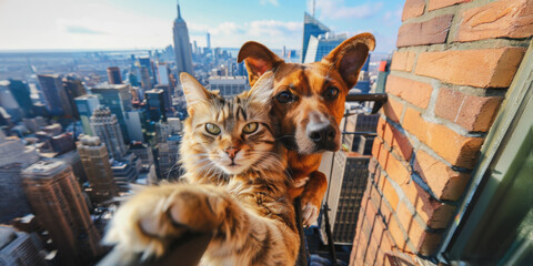 Pixel cat and dog take a selfie in new york city