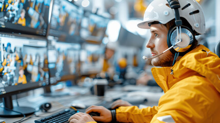 Engineer working with multiple monitors in control room, wearing protective gear and headset, focused on operations.