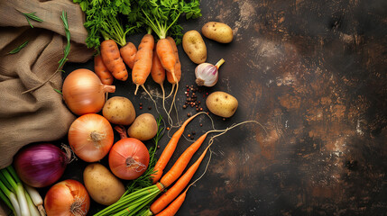 Product photography with copy space of a freshly picked crop of onions, potatoes and carrots