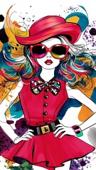 Colorful Watercolor  Fashion Girl Line Art