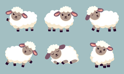 Set of cute cartoon sheep. Vector illustration