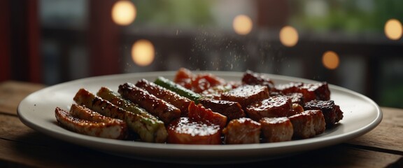 A traditional Chinese serving platter holding BBQ.