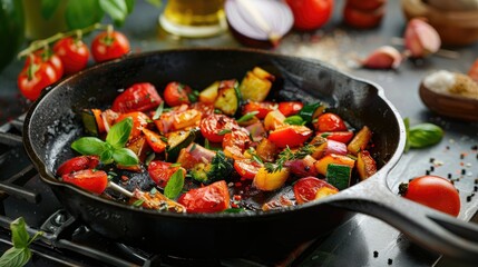 Fresh organic vegetables fried in cast iron skillet on stovetop food background