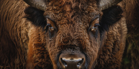 Fototapeta premium Close-up portrait of a wild bison in a lush meadow
