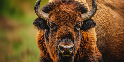 Fototapeta premium Close-up portrait of a wild bison in a natural habitat