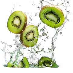 Fresh Sliced Kiwi Fruits Splashing in Water with transparent Background. Perfect for creating refreshing beverage advertisements, healthy food blog posts, or vibrant graphic designs.