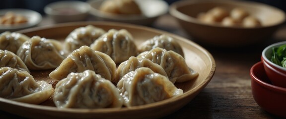 Chinese Jiaozi new year food, spring festival food on traditional spring festival Spring festival atmosphere and dumplings.