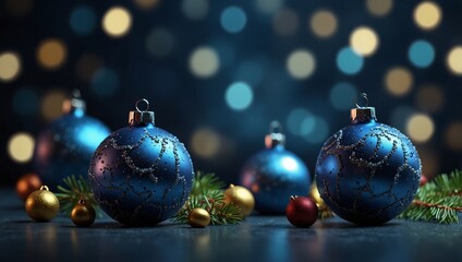 Christmas Blue Background with Xmas Balls decoration and Elegant Greeting Text of Winter Holidays.