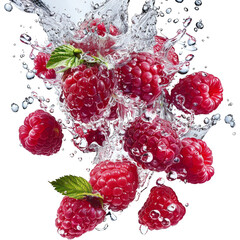Raspberries Splashing in Clear Water Isolated on Transparent Background. Perfect for Fresh Organic Food Concepts,, healthy living, and natural products.