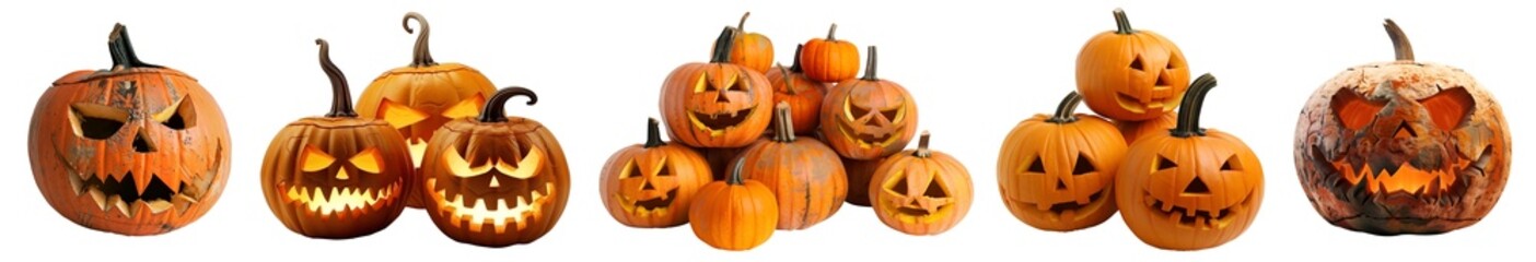 Obraz premium Set of Jack O Lantern Halloween pumpkin in pile single group on transparent background cutout. PNG file. Many assorted different design. Mockup template for artwork design