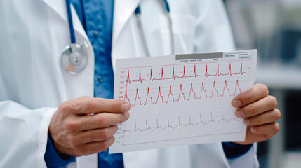 A healthcare professional examines an electrocardiogram (ECG) reading, focusing on the precise measurement of heart rhythms, critical for diagnostic accuracy in cardiac care.