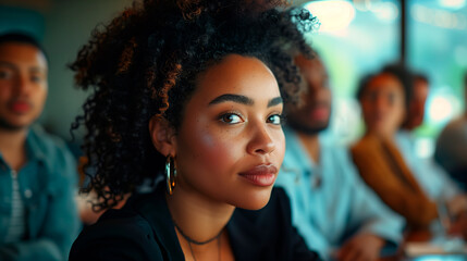 Young Black Businesswoman in Close-Up as She Leads a Brainstorming Meeting, with Her Team Blurred in the Background.