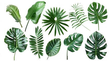 Fresh collection of tropical green leaves isolated on white