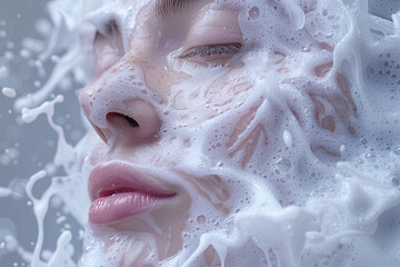 A serene face with cleansing foam being applied, highlighting the removal of excess oil and impurities from the skin, 3D rendering