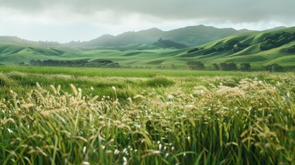 Green grass field with rolling hills in the background