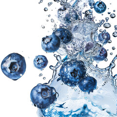Blueberries Splashing in Clear Water Isolated on Transparent Background. Perfect for refreshing food concepts, healthy eating promotions, and beverage advertising.