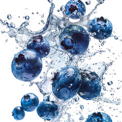 Blueberries Splashing in Clear Water Isolated on Transparent Background. Perfect for refreshing food concepts, healthy eating promotions, and beverage advertising.