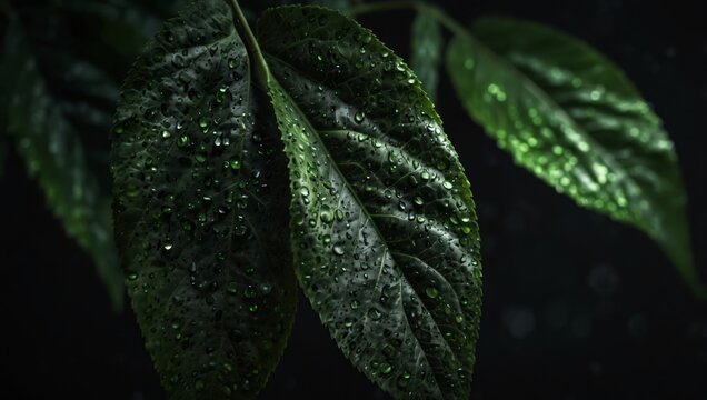 Green leaf with binary code on dark background Technology and environment concept.