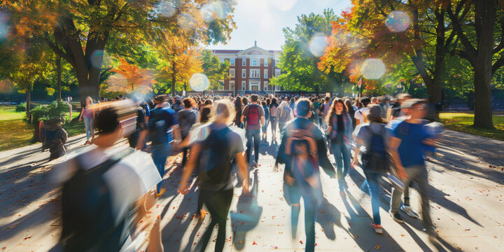 A crowd of students walking on a sunny college campus in autumn