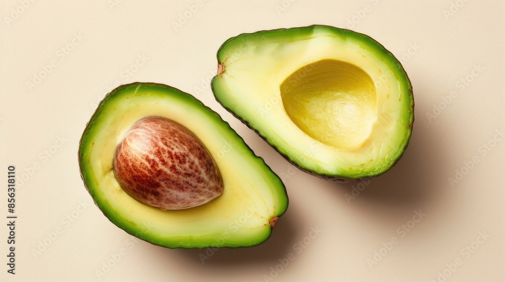 Sticker Avocado shell hollowed out half avocado with space on beige backdrop Fresh ingredient cut into slices