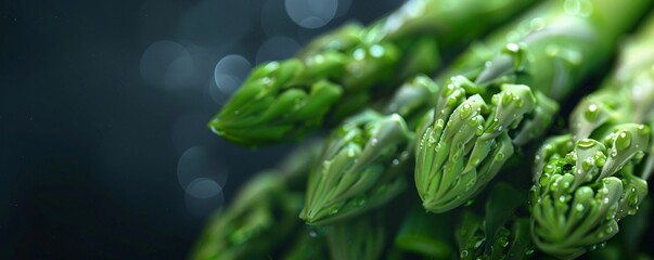 Obraz premium Close-up of raw asparagus tips with a blurred background.