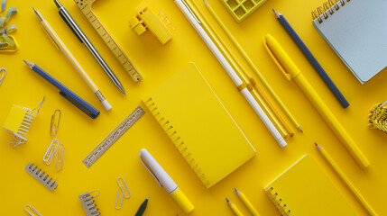 Vibrant yellow background with neatly organized office supplies including pencils, pens, notepad, ruler and paper clips. Perfect for educational themes or creative project concepts. 4k realistic style