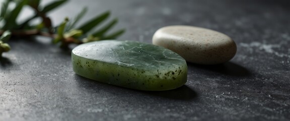 Jade gua sha tool, spa stones and eucalyptus branches on grey table, flat lay.