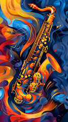 Dynamic Jazz Saxophone Vector Illustration with Musical Notes and Abstract Waves