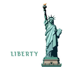 Vector illustration. USA Independence Day, Statue of Liberty monument, poster presentation. Green flat design template. USA holiday. National symbol of America New York, banner, advertisement, freedom