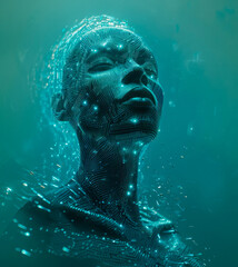 Obraz premium A futuristic digital representation of a human figure with intricate details and glowing elements, symbolizing the convergence of technology and humanity in the age of artificial intelligence.