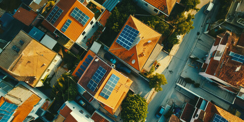 Fototapeta premium Aerial view of residential homes with solar panels on rooftops