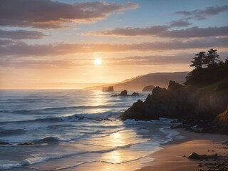 "Coastal Harmony: Sunsets and Moonrise Dance of Light and Shadow Over a Rugged Shoreline"