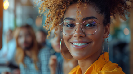 young woman with curly hair and glasses smiling in a modern office setting with colleagues in the background