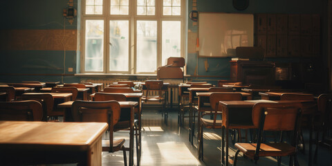 Empty high school classroom with wooden desks and chairs