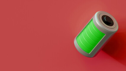 Charging battery technology concept on red background. Ecological battery, green Energy, clean energy, environmental alternative energy concept illustration.
