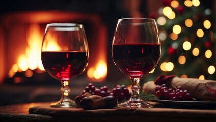Two glasses of red wine with fireplace on background in cozy warm holiday winter atmosphere.