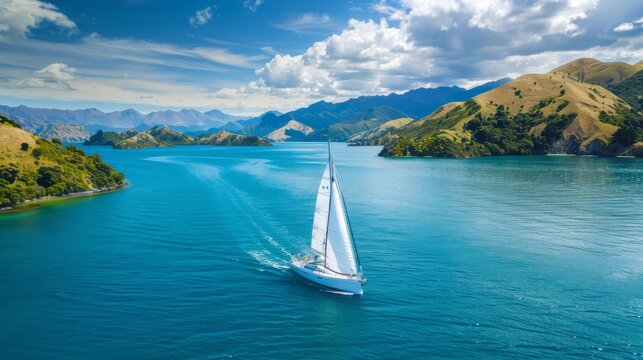 A white sailboat glides through the crystal-clear waters of a scenic New Zealand sound
