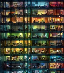 Night Shift Hustle: Urban office building aglow with worker dedication - Generative AI