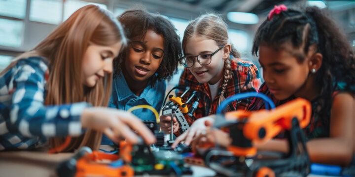 Diverse children collaborating on stem project in a classroom setting