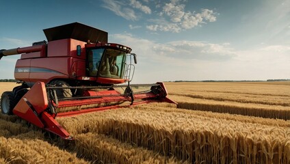 Fototapeta premium sustainable grain harvest. Show golden fields of wheat or barley with a combine harvester in the background. Emphasize eco-friendly farming practices with elements like windbreaks