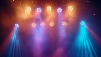 Colorful spotlights illuminate an empty stage