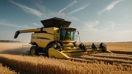 Fototapeta premium sustainable grain harvest. Show golden fields of wheat or barley with a combine harvester in the background. Emphasize eco-friendly farming practices with elements like windbreaks