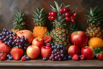 An assortment of vibrant, fresh fruit serves as a lively abstract background, ideal for wallpaper in culinary designs