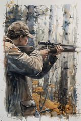 Fototapeta premium Watercolor painting of a male hunter using a gun in the forest.