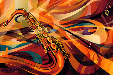 Dynamic Jazz Saxophone Vector Illustration with Musical Notes and Abstract Waves